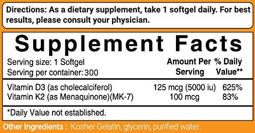 Vitamin D3 5000IU Plus K2, 2 in 1 Formula