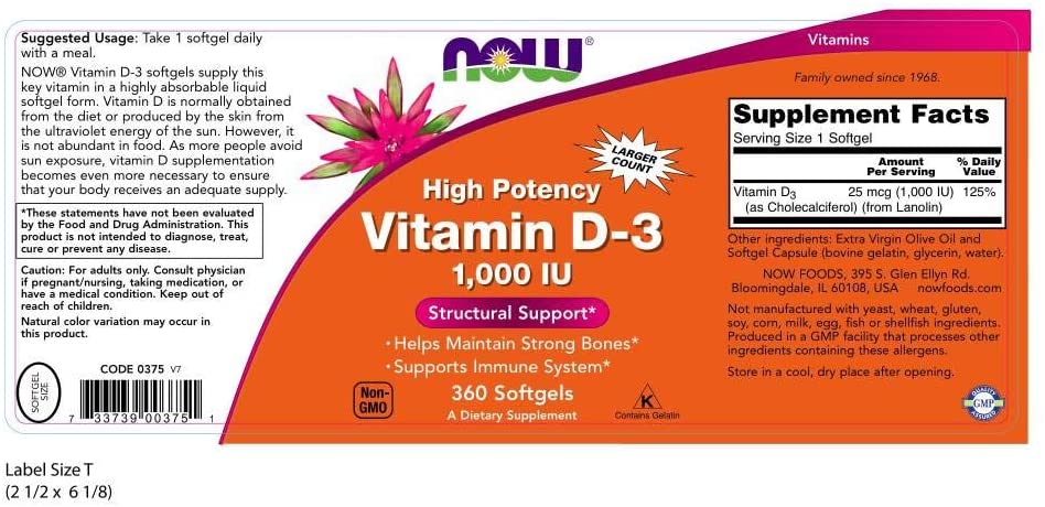 NOW Supplements Vitamin D-3 1,000 IU - 360 Tablet