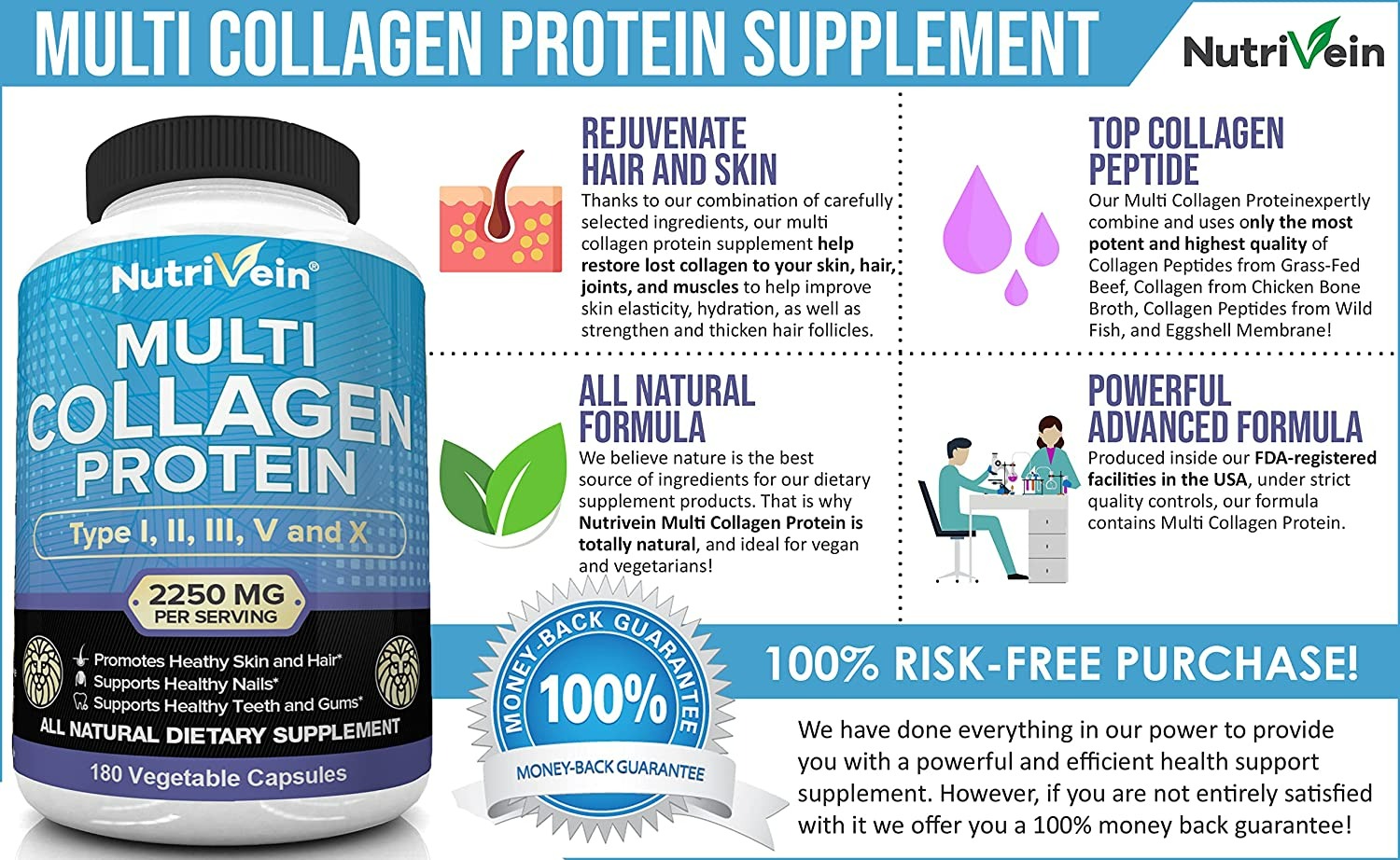 Nutrivein Multi Collagen Protein - 180 Capsules