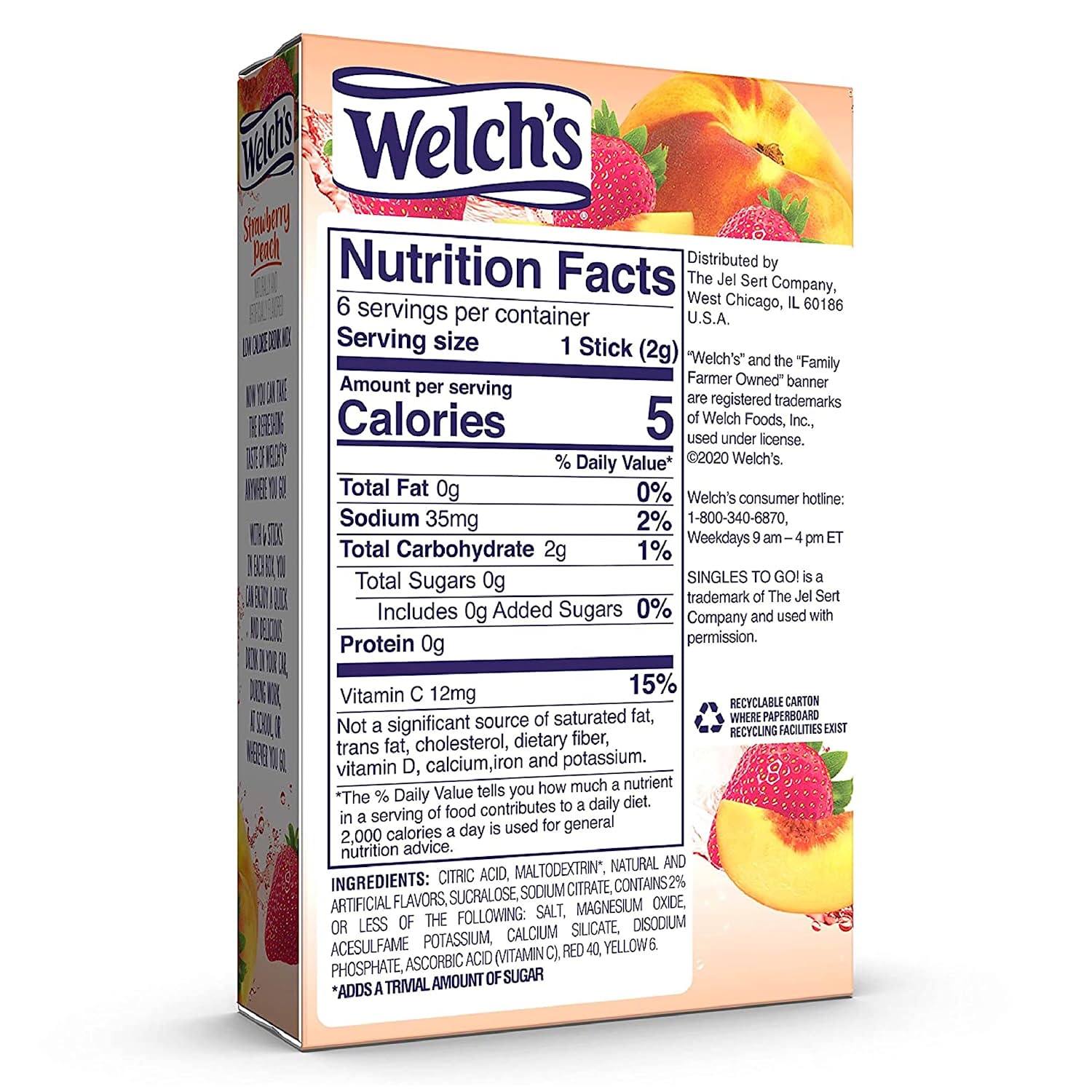 Welch's Drink Mix - Strawberry Peach 0.48 Oz - 12'li Paket