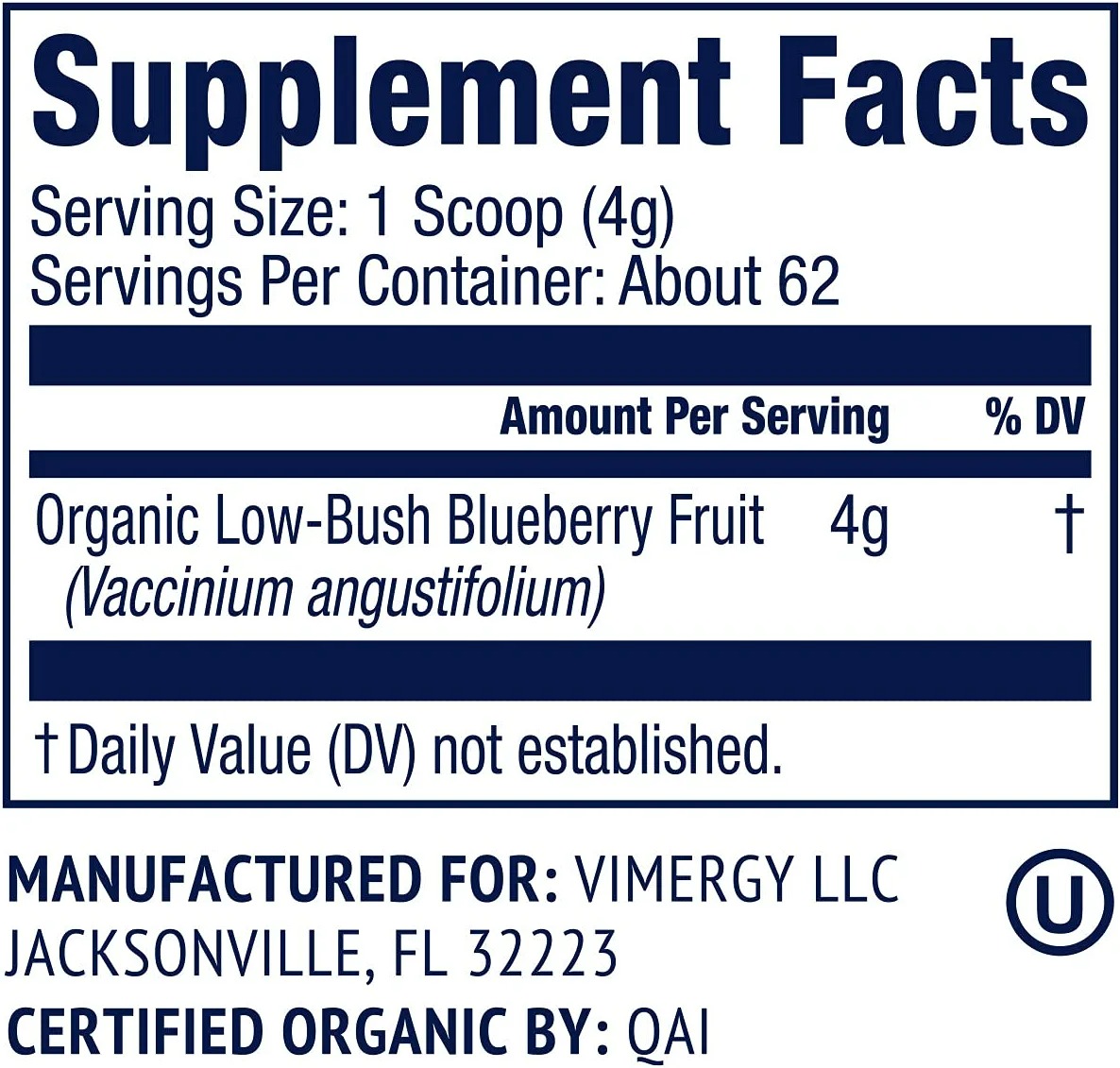 Vimergy USDA Organic Wild Blueberry Supplement Powder - 250 gr