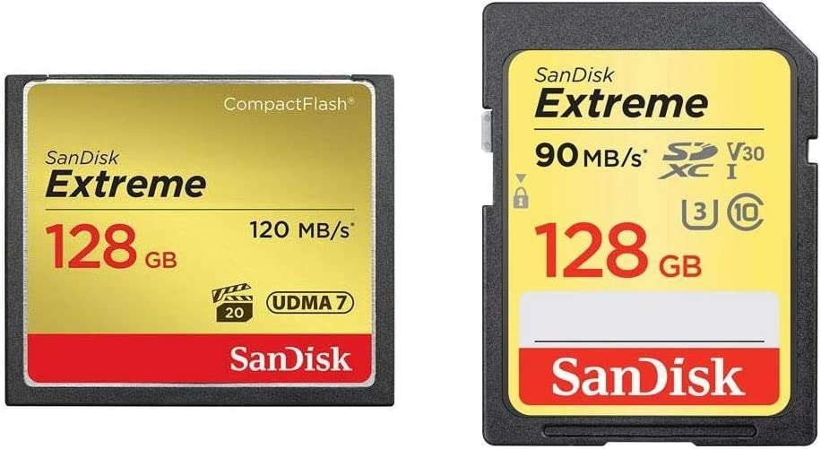 SanDisk 128GB Extreme Compact Flash Memory Card & Bundle Extreme 128GB UHS-I Class 10 U3 V30 SDXC Memory Card