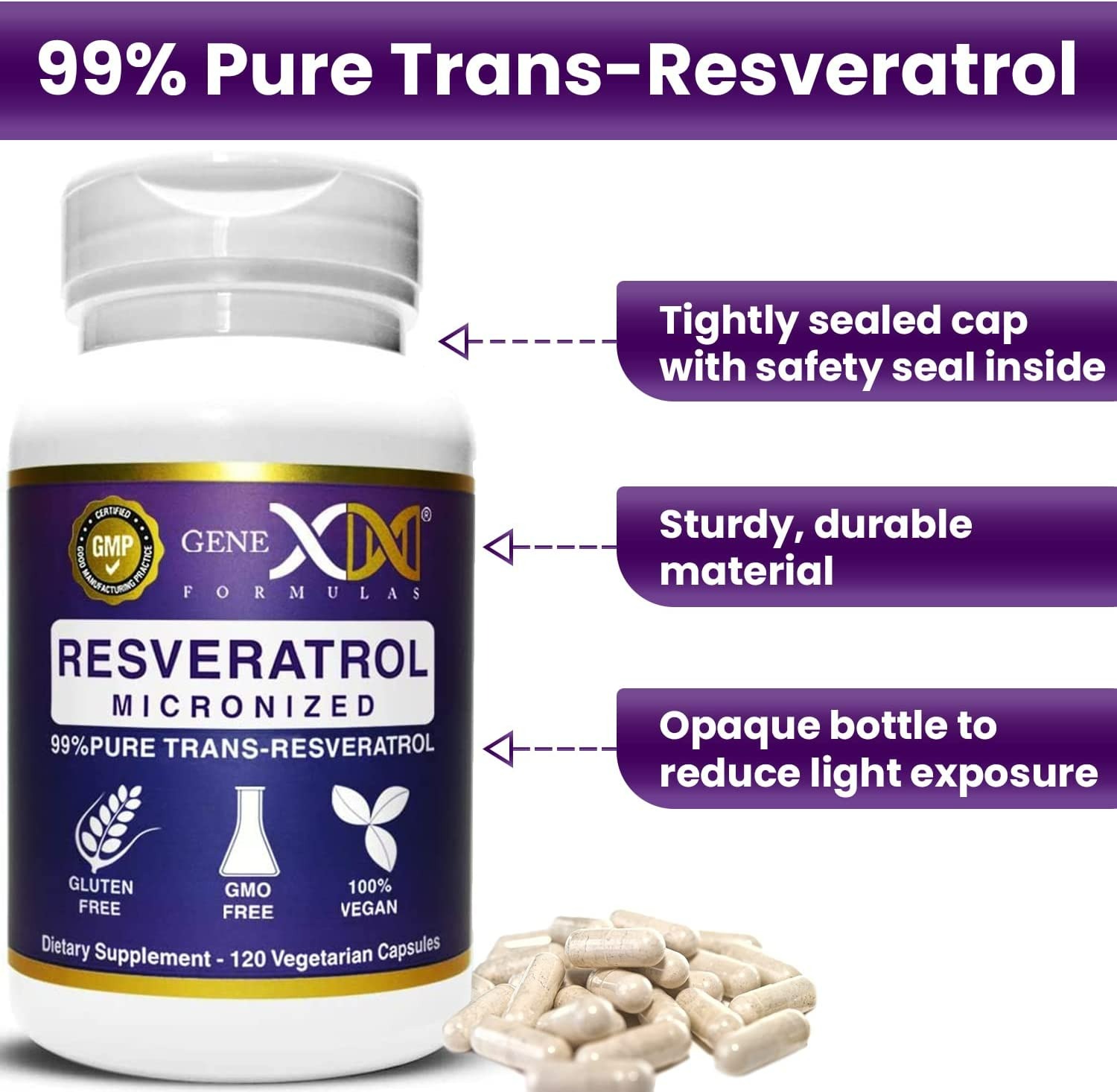 Genex 99% Micronized Trans-Resveratrol with BioPerine for Absorption 1000 mg  - 120 Adet