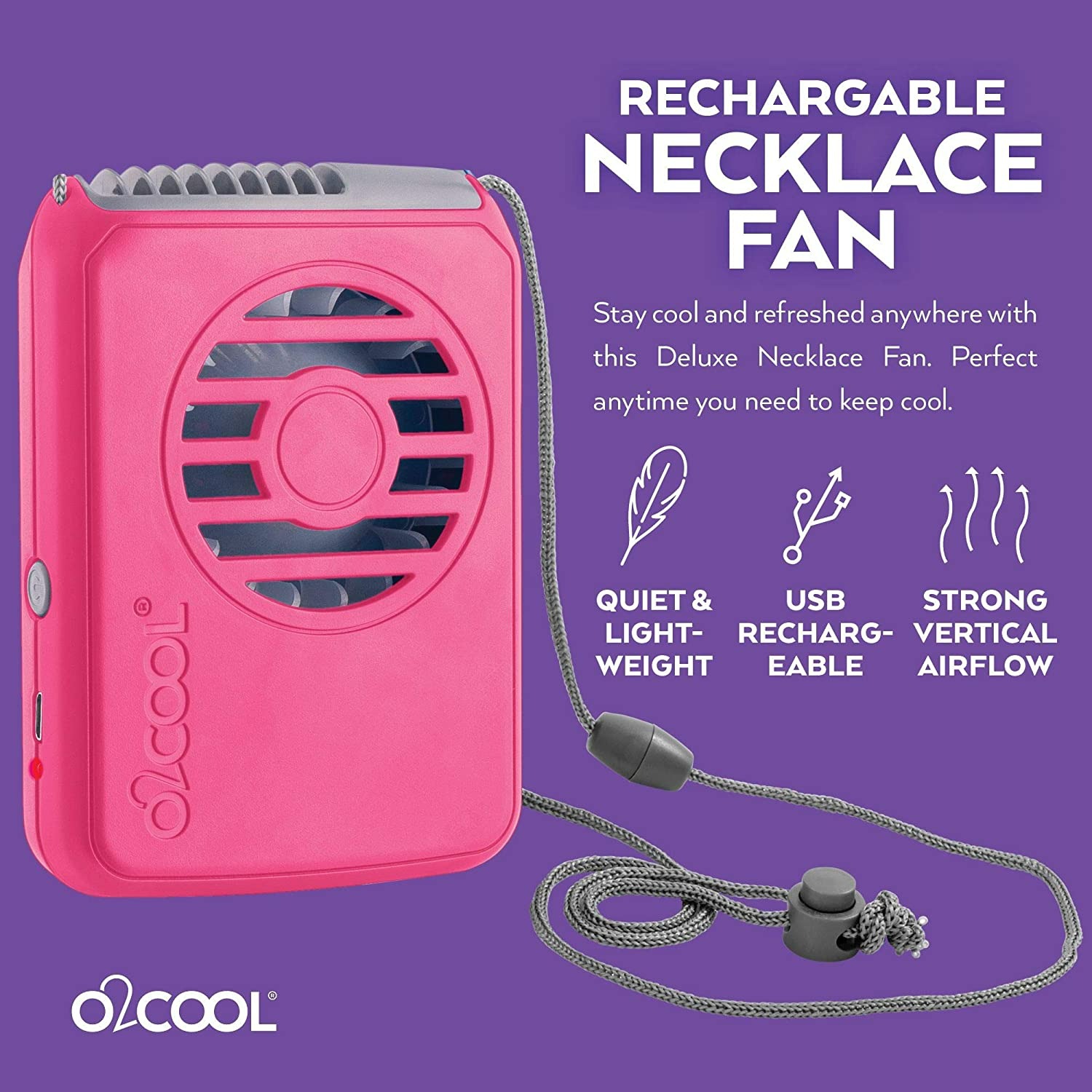 O2COOL Rechargeable Necklace Fan - Rasberry