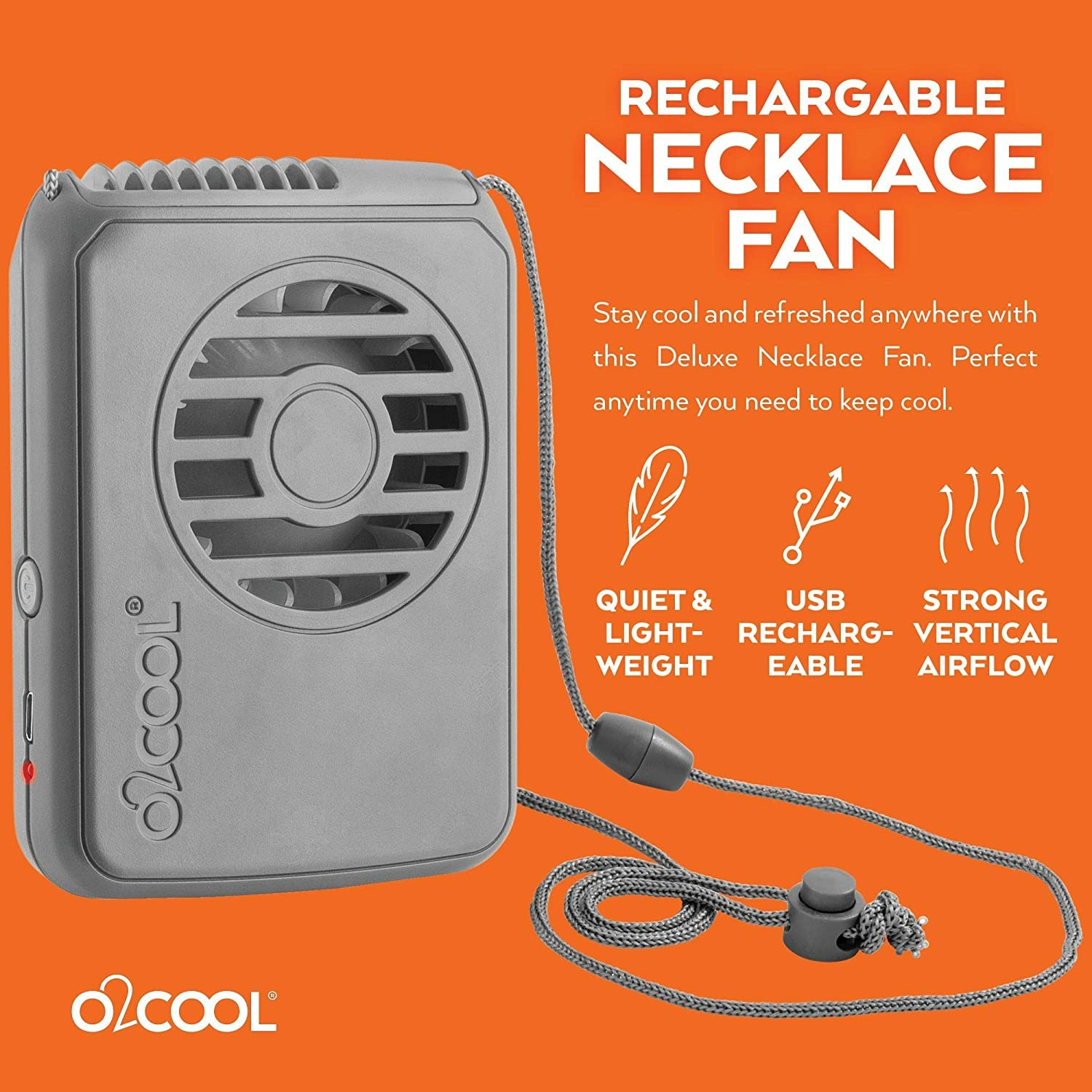 O2COOL Rechargeable Necklace Fan - Grey