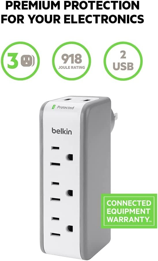 Belkin Wall Mount Surge Protector w/ 3 AC Multi Outlets & 2 USB Ports