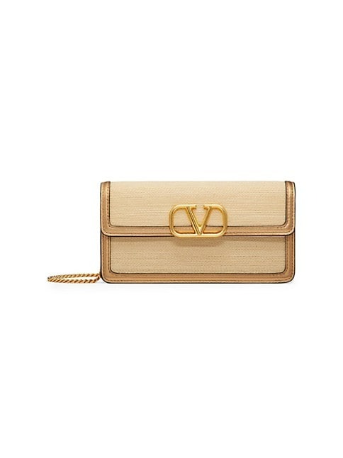 Valentino Garavani Vlogo Signature Wallet With Chain In Raffia And Metallic Calfskin Leather