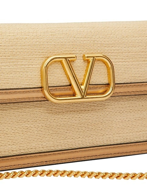 Valentino Garavani Vlogo Signature Wallet With Chain In Raffia And Metallic Calfskin Leather