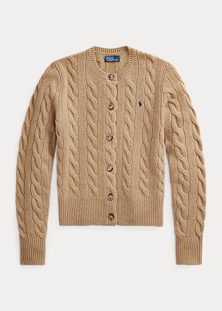 Luxury Camel Melange Cable Knit Cardigan by Polo Ralph Lauren Amerikasepetim