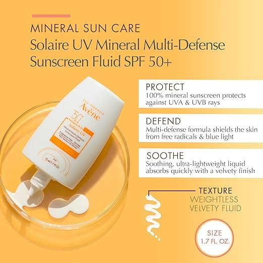 Eau Thermale Avène Solaire UV Mineral Multi-Defense Sunscreen Fluid SPF 50+ - 1.7 Fl Oz