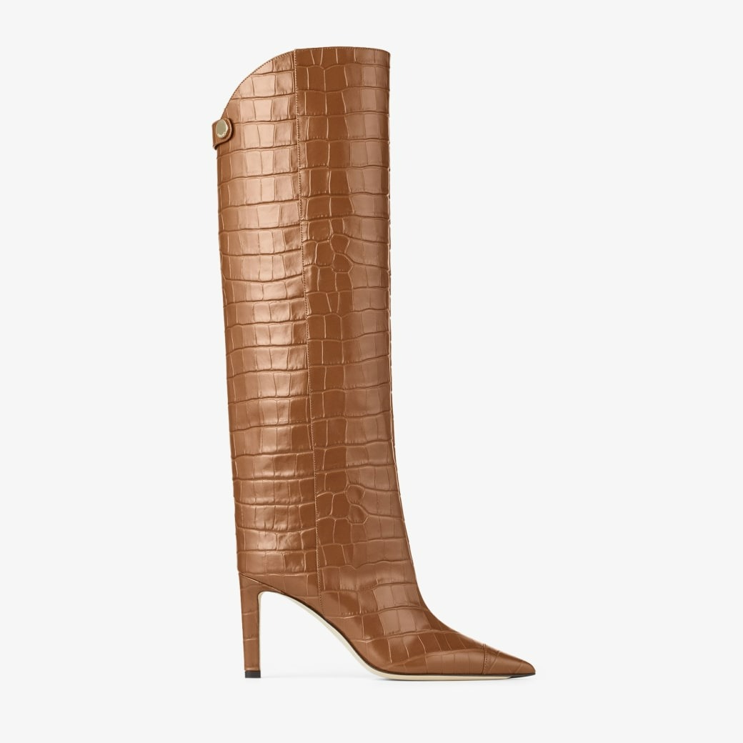 Jimmy Choo Alizze Knee Boot 85 Tan Croc-Embossed Leather Knee-High Boots