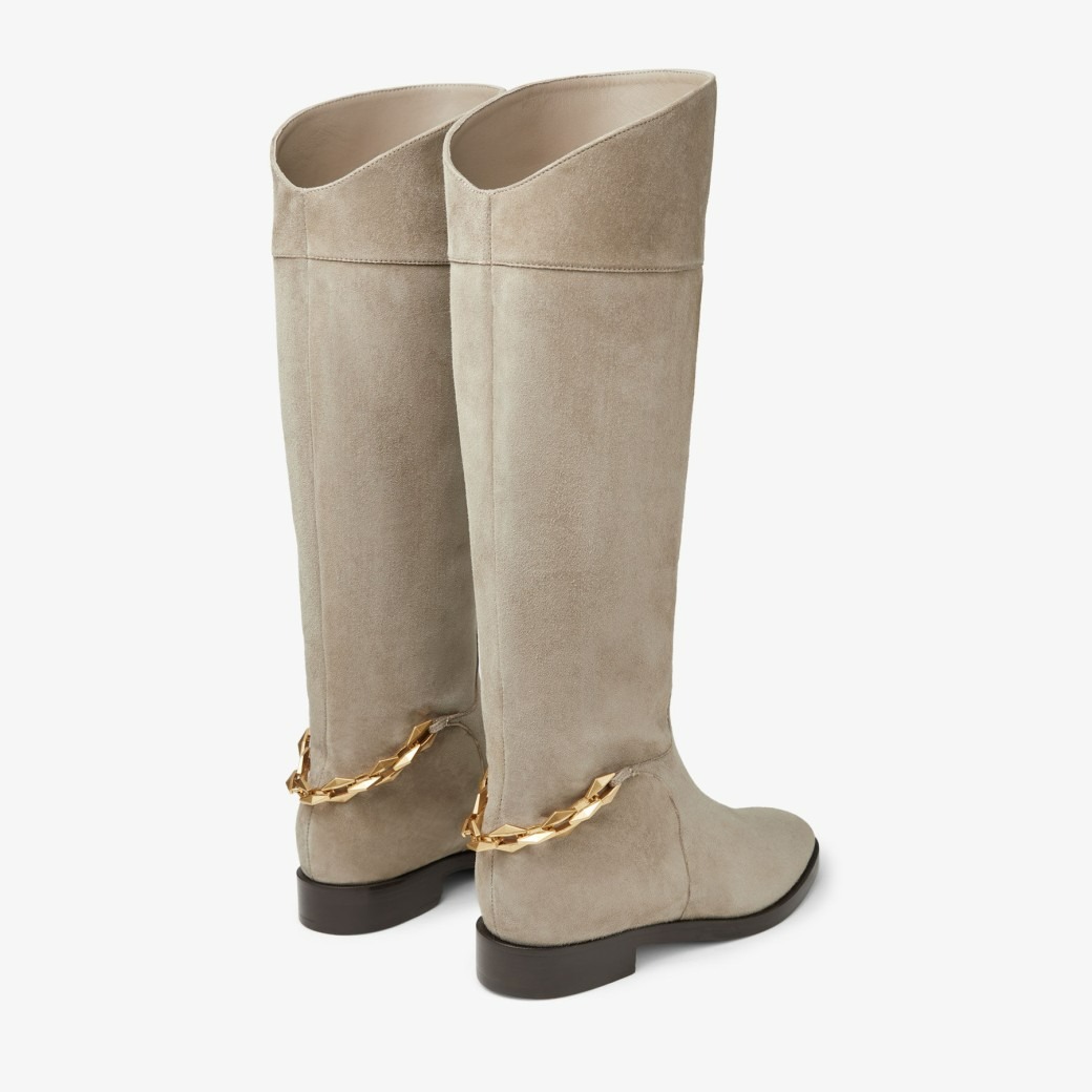 Jimmy Choo Nell Knee Boot Flat Taupe Suede Knee-High Boots with Chain