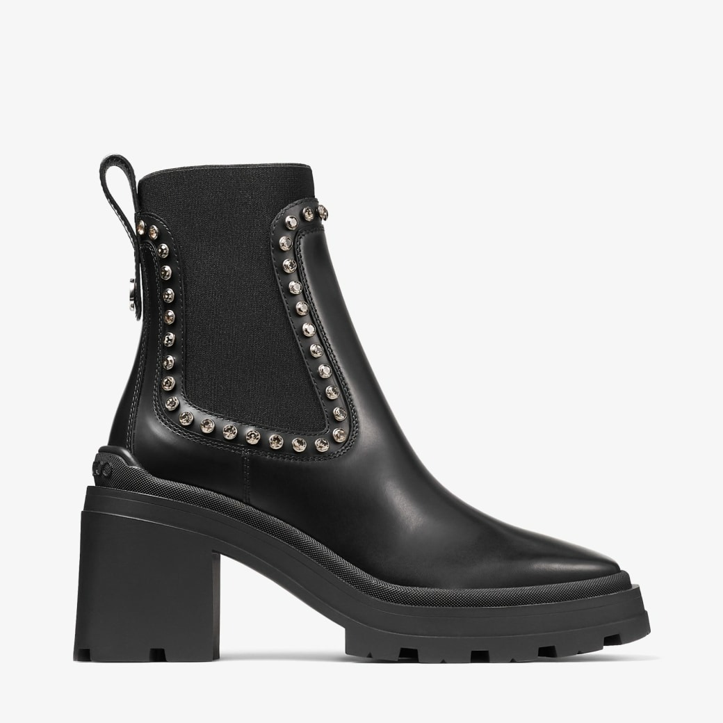 Jimmy Choo Veronique 80 Black Smooth Leather Ankle Boots with Crystal Embellishment