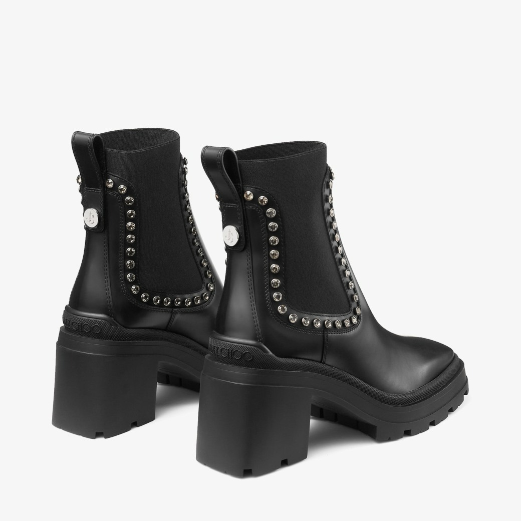 Jimmy Choo Veronique 80 Black Smooth Leather Ankle Boots with Crystal Embellishment