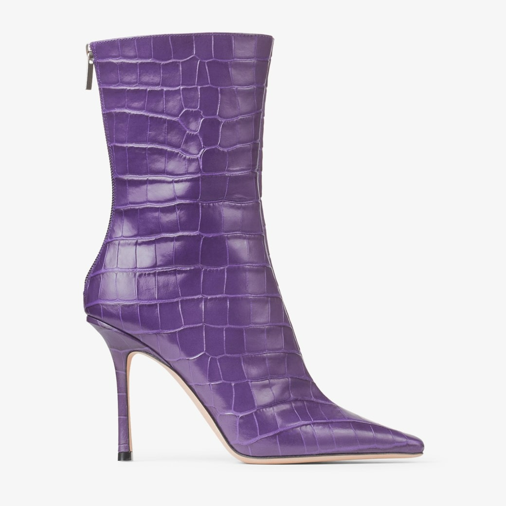 Jimmy Choo Agathe Ankle Boot 100 Cassis Croc-Embossed Leather Ankle Boots