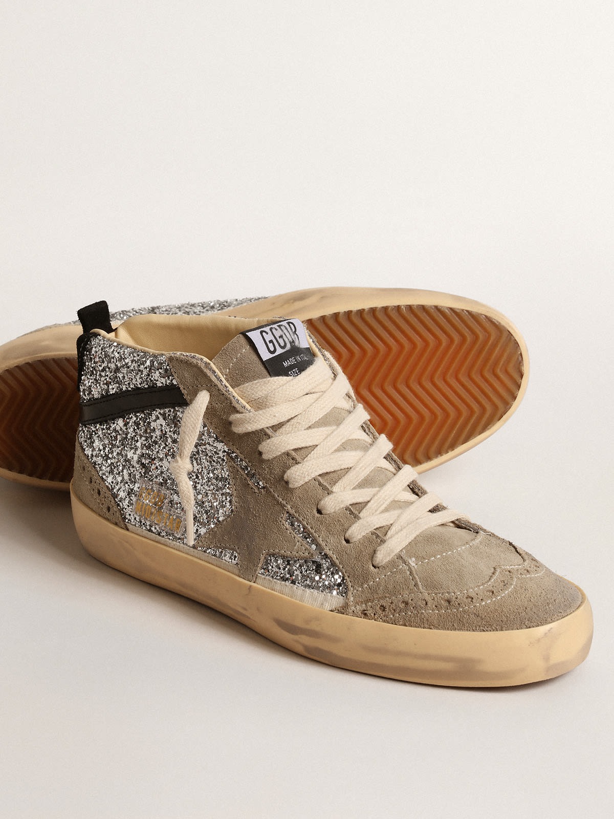 Golden Goose Mid Star in Silver Glitter with Suede Star and Black Flash