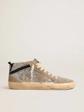 Golden Goose Mid Star in Silver Glitter with Suede Star and Black Flash