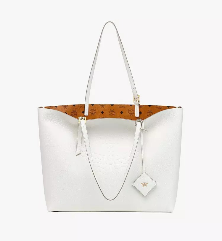 MCM Himmel Shopper in Embossed Logo Leather - White