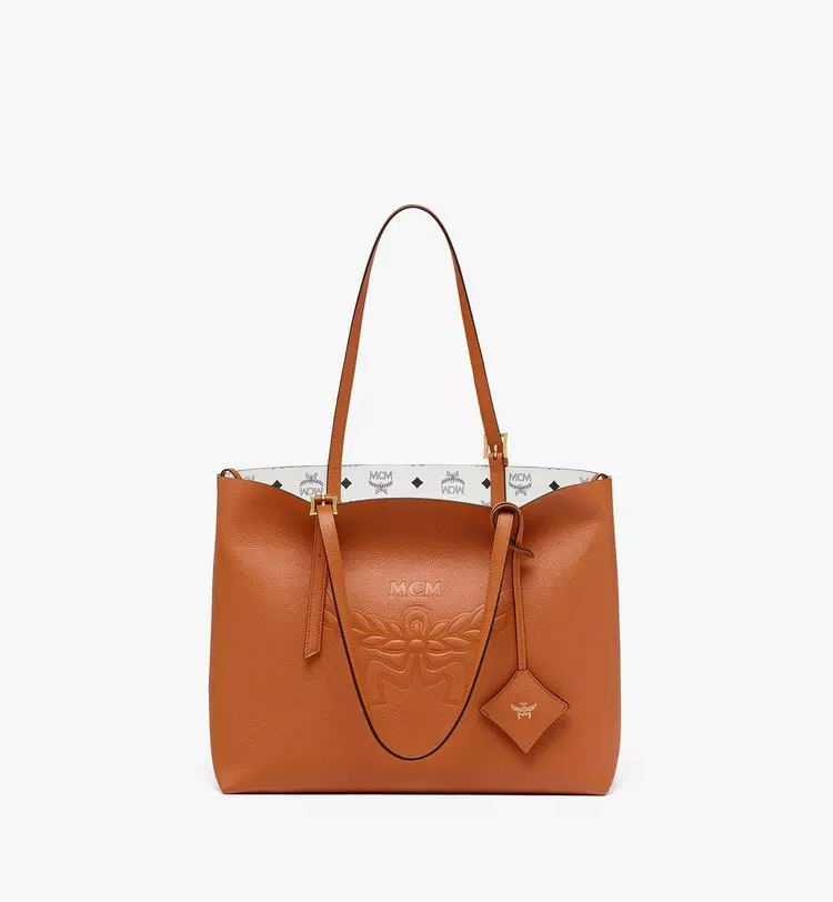 MCM Himmel Shopper in Embossed Logo Leather - Cognac