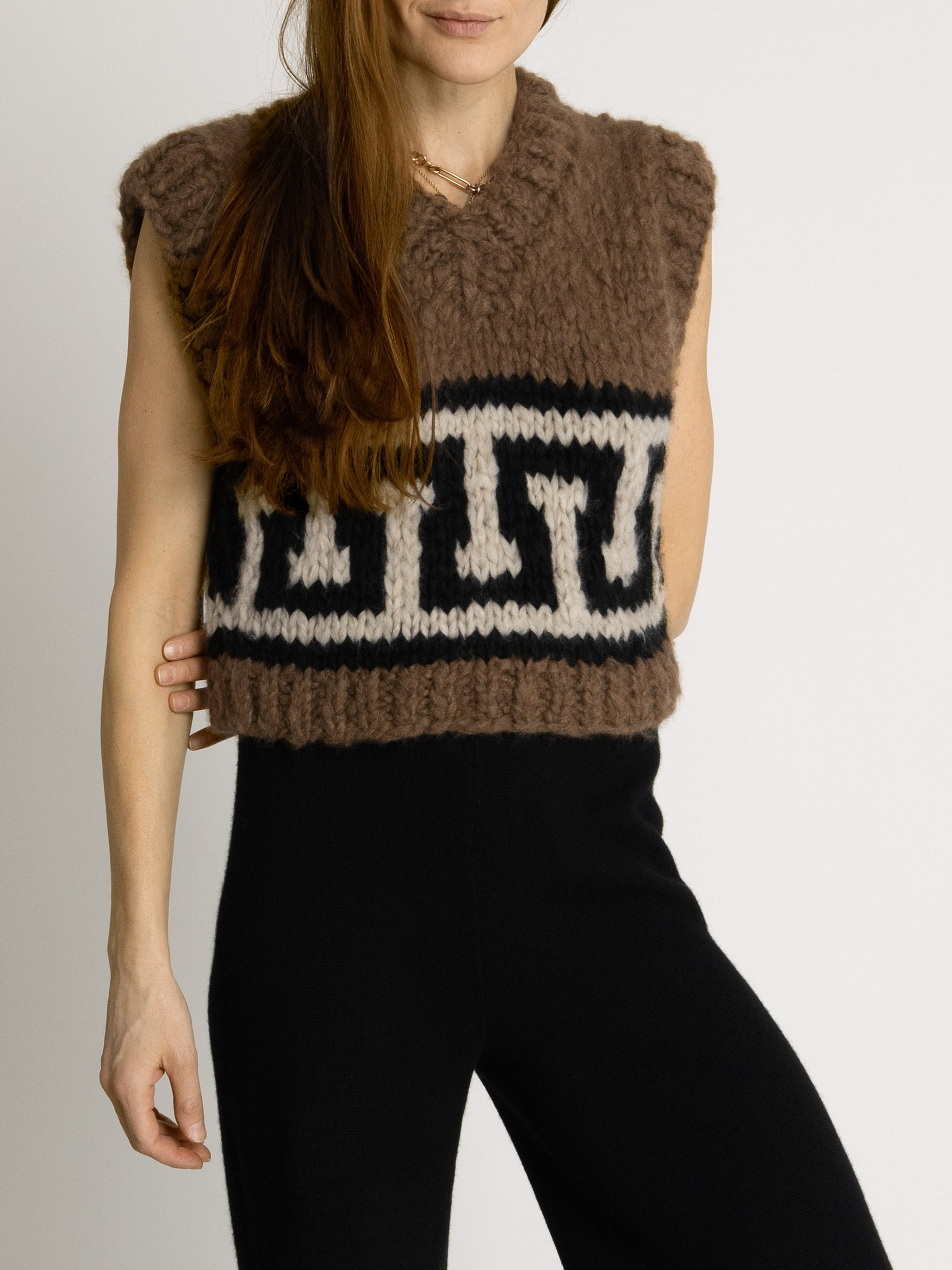 Suzie Kondi The Kavi Greek Key Vest in Cashmere - Nutmeg-Black