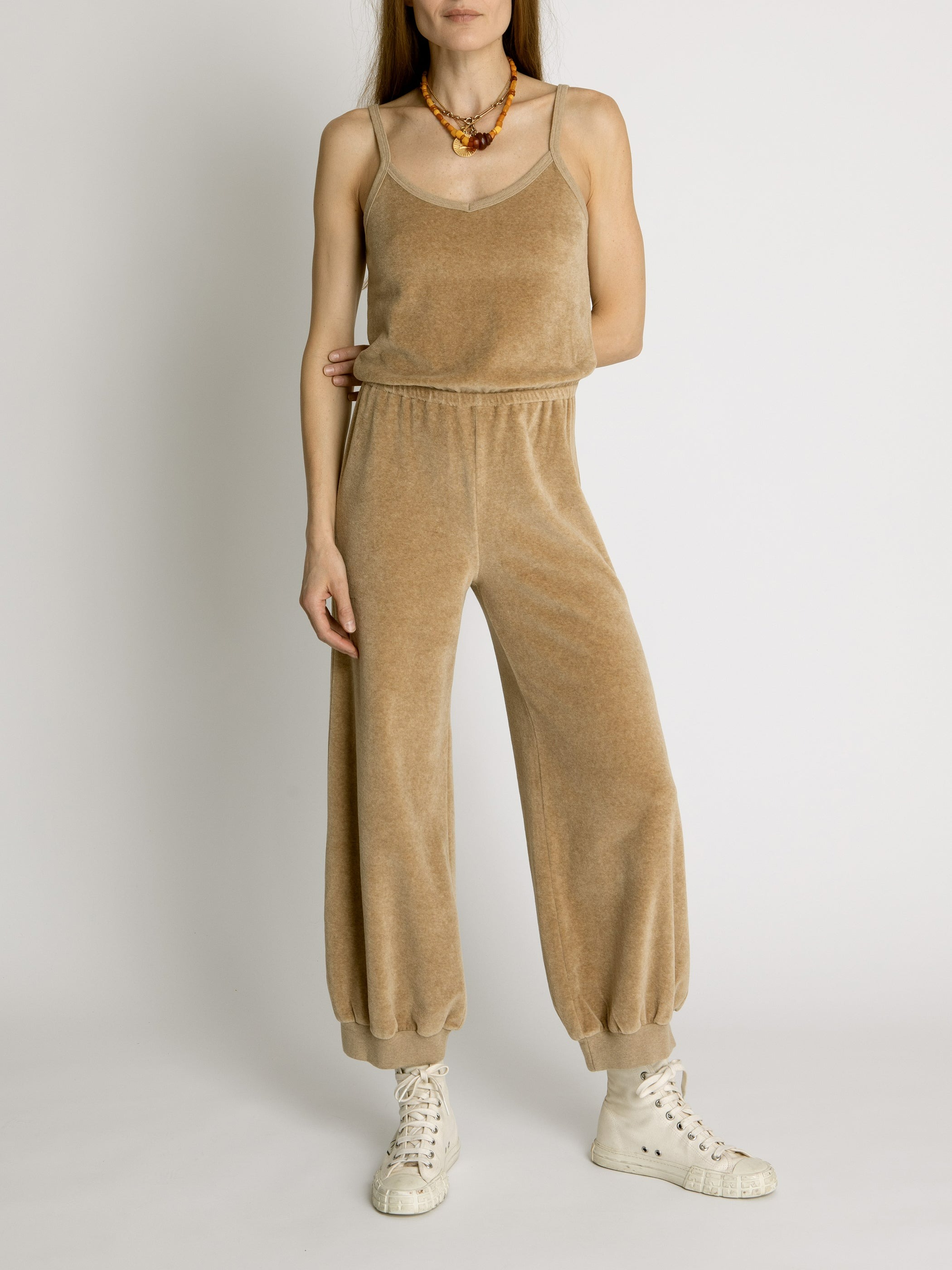 Suzie Kondi The Giorgi Tank Jumpsuit in Heather Velour -  Wheat Heather