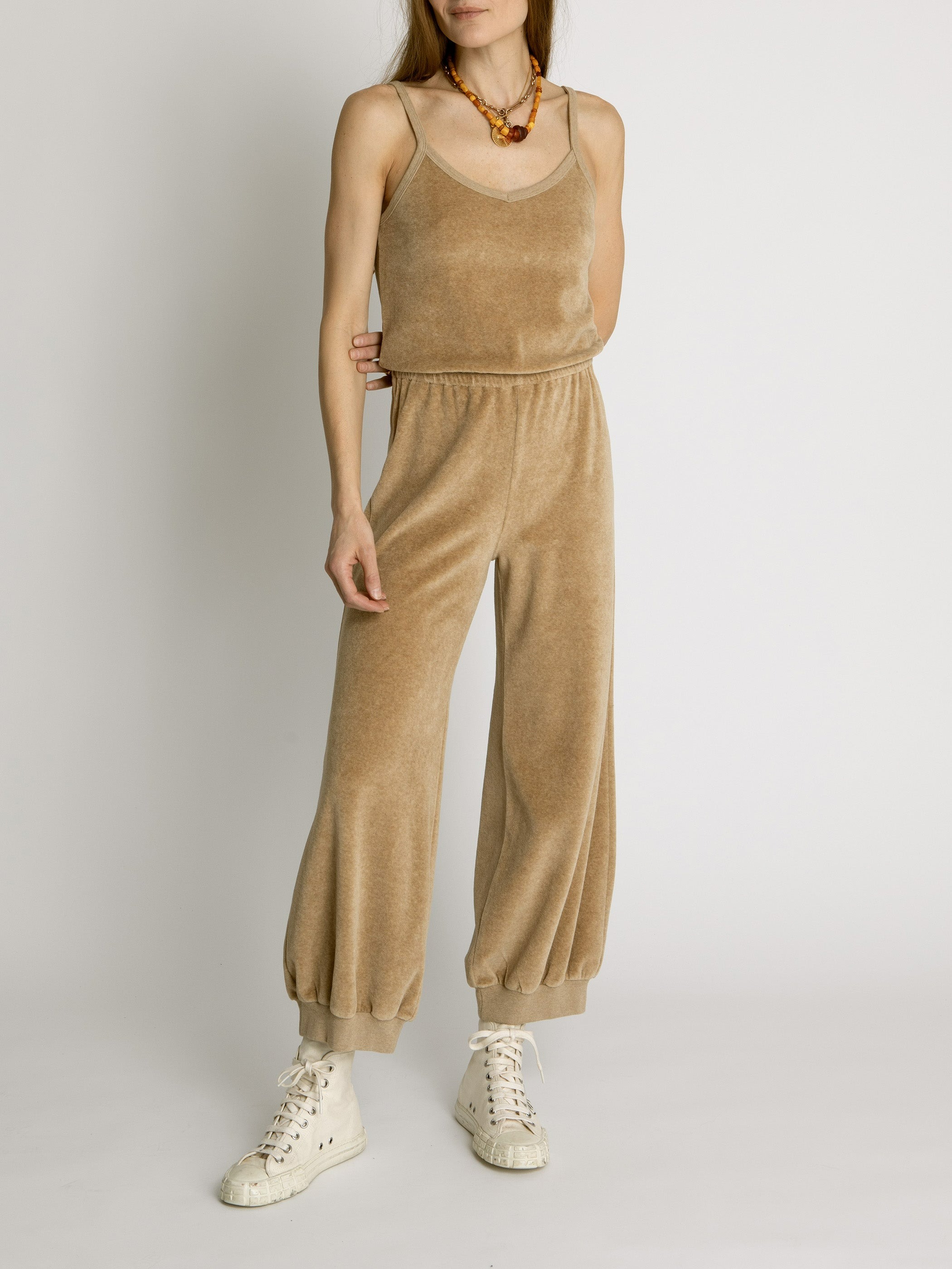 Suzie Kondi The Giorgi Tank Jumpsuit in Heather Velour -  Wheat Heather