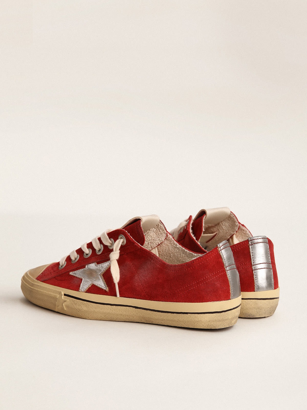 Golden Goose Men's V-Star LTD In Dark Red Suede With Silver Star And Heel Tab