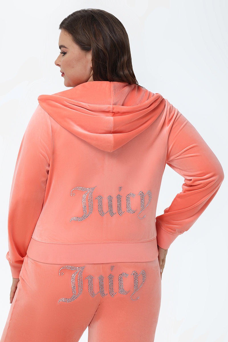 Juicy Couture PLUS-SIZE OG BIG BLING VELOUR HOODIE - Guava