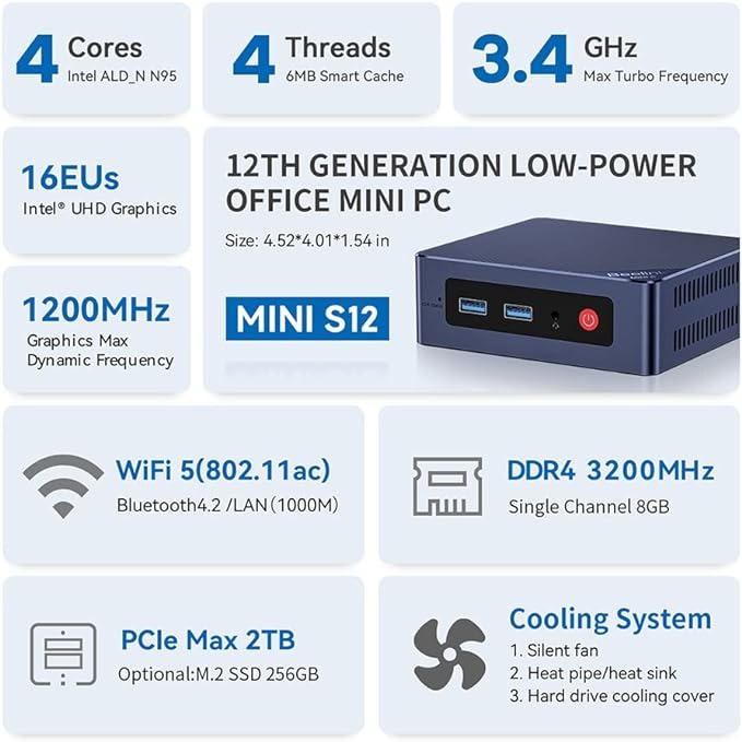 Beelink Mini PC, Mini S12 Intel 12th Gen 4-Core N95 256GB SSD