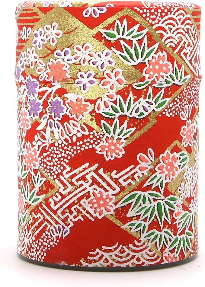 Matcha Konomi Handmade Washi Paper Tea Tin - Red Flowers