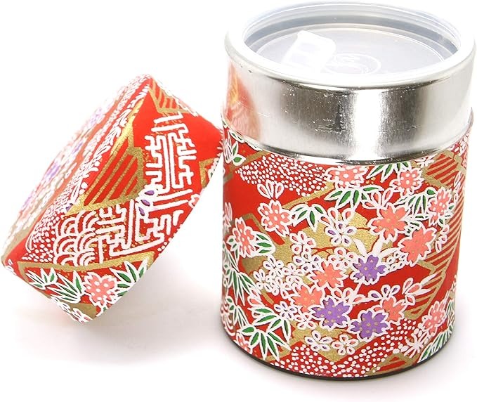 Matcha Konomi Handmade Washi Paper Tea Tin - Red Flowers