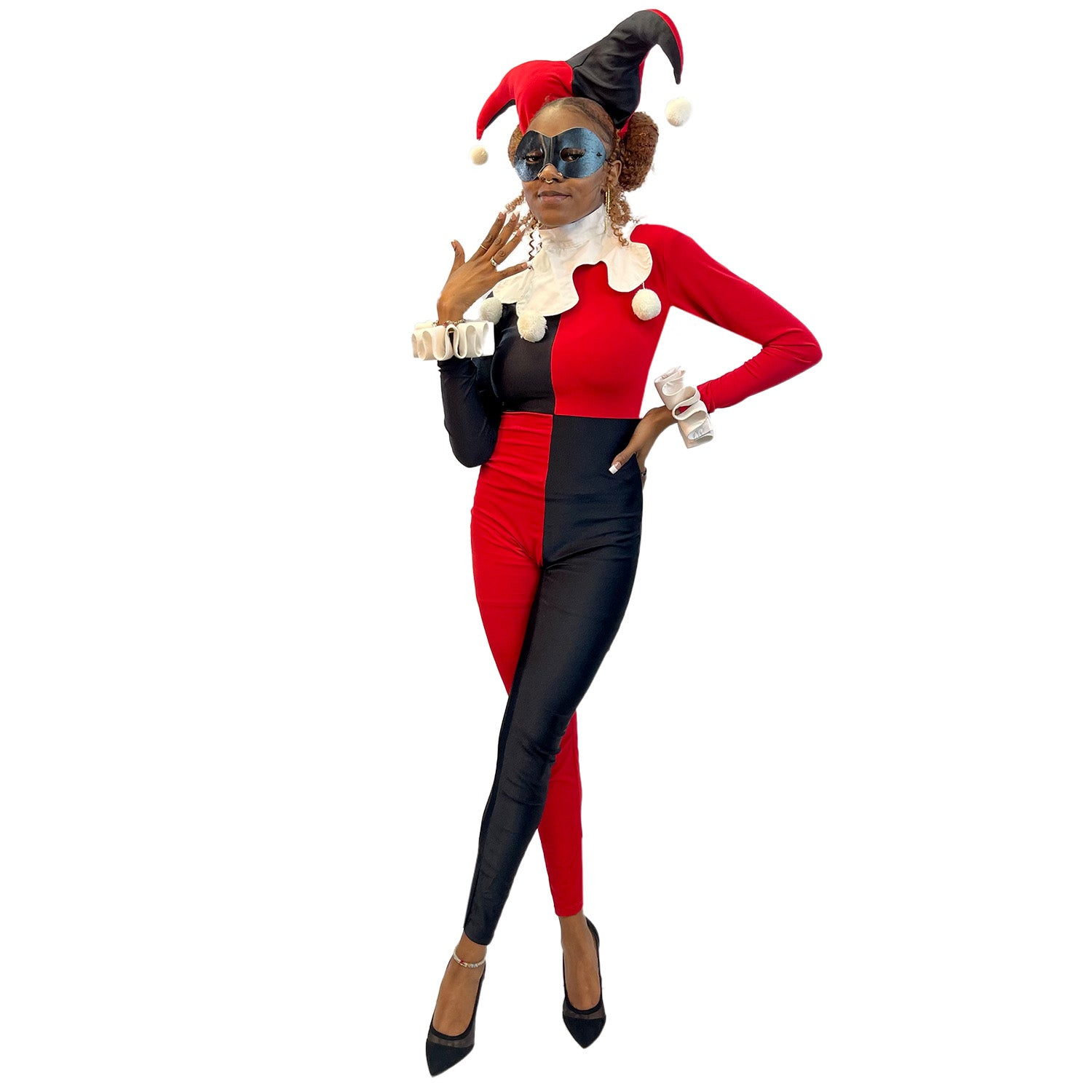 Abracadabra Nyc DC Comic Harlequin Jester Adult Costume Jumpsuit w/ Jester Hat and Mask