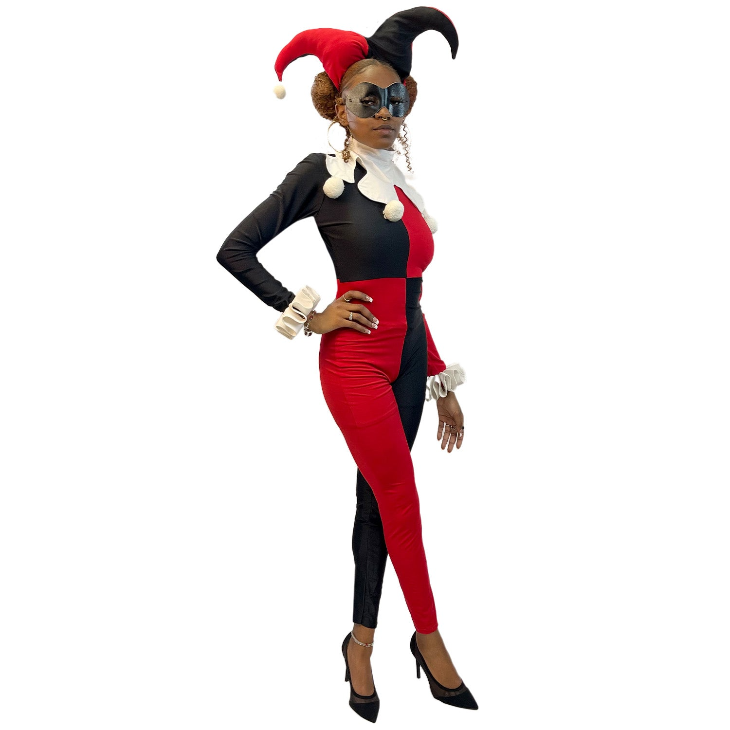 Abracadabra Nyc DC Comic Harlequin Jester Adult Costume Jumpsuit w/ Jester Hat and Mask