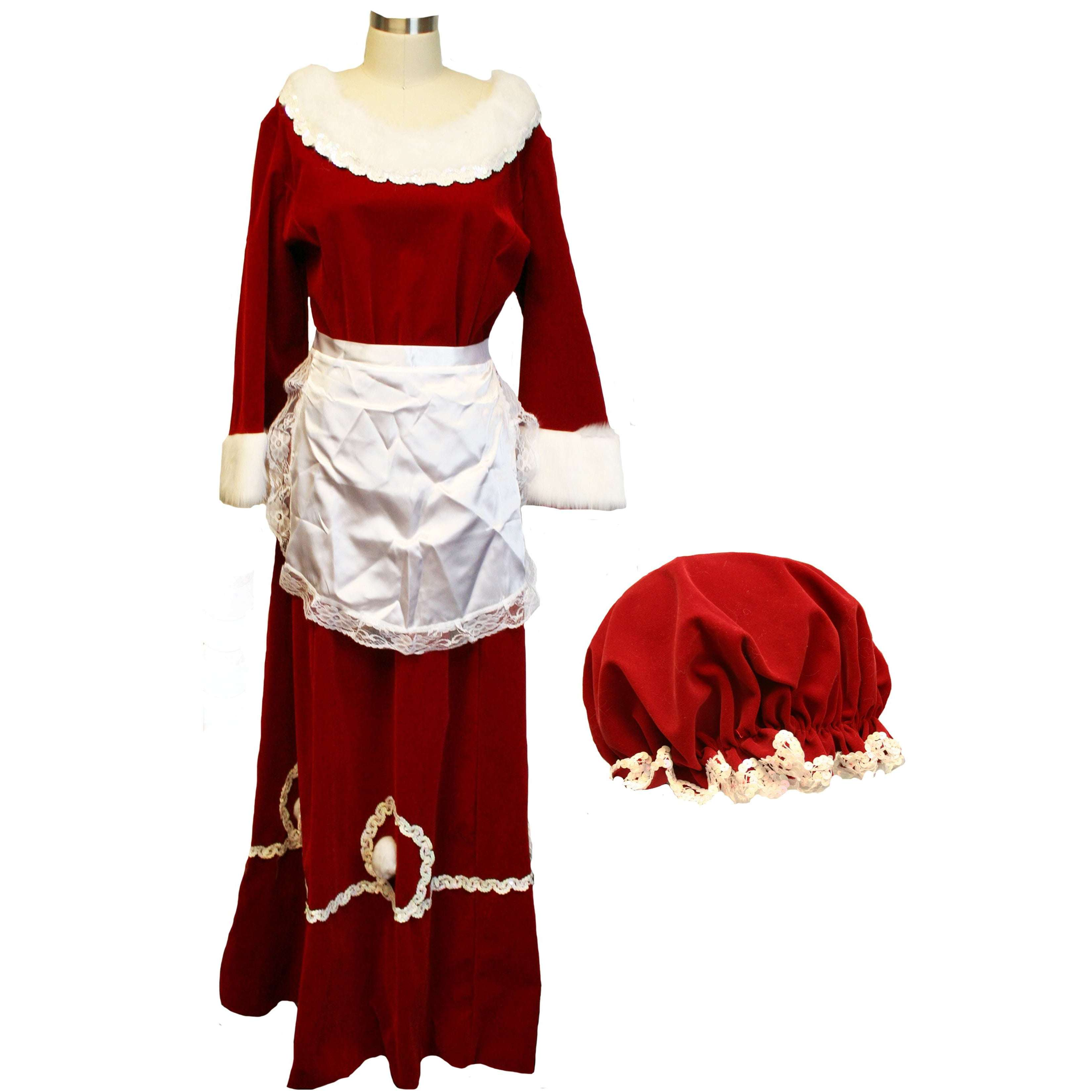 Abracadabra Nyc Custom Premium Red Velvet Mrs. Claus Dress W/ Sequin Trim and Apron Adult Costume