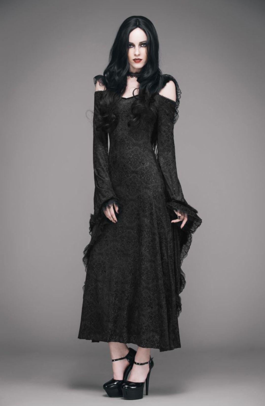 Abracadabra Nyc Gothic Cold Shoulder Long Sleeve Hooded Maxi Dress