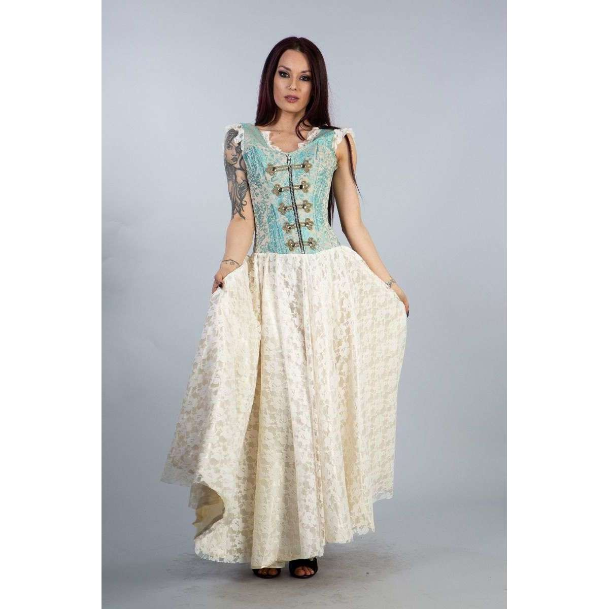 Abracadabra Nyc Gypsy Corset Dress in Turquoise Cream Jacquard/Cream Lace