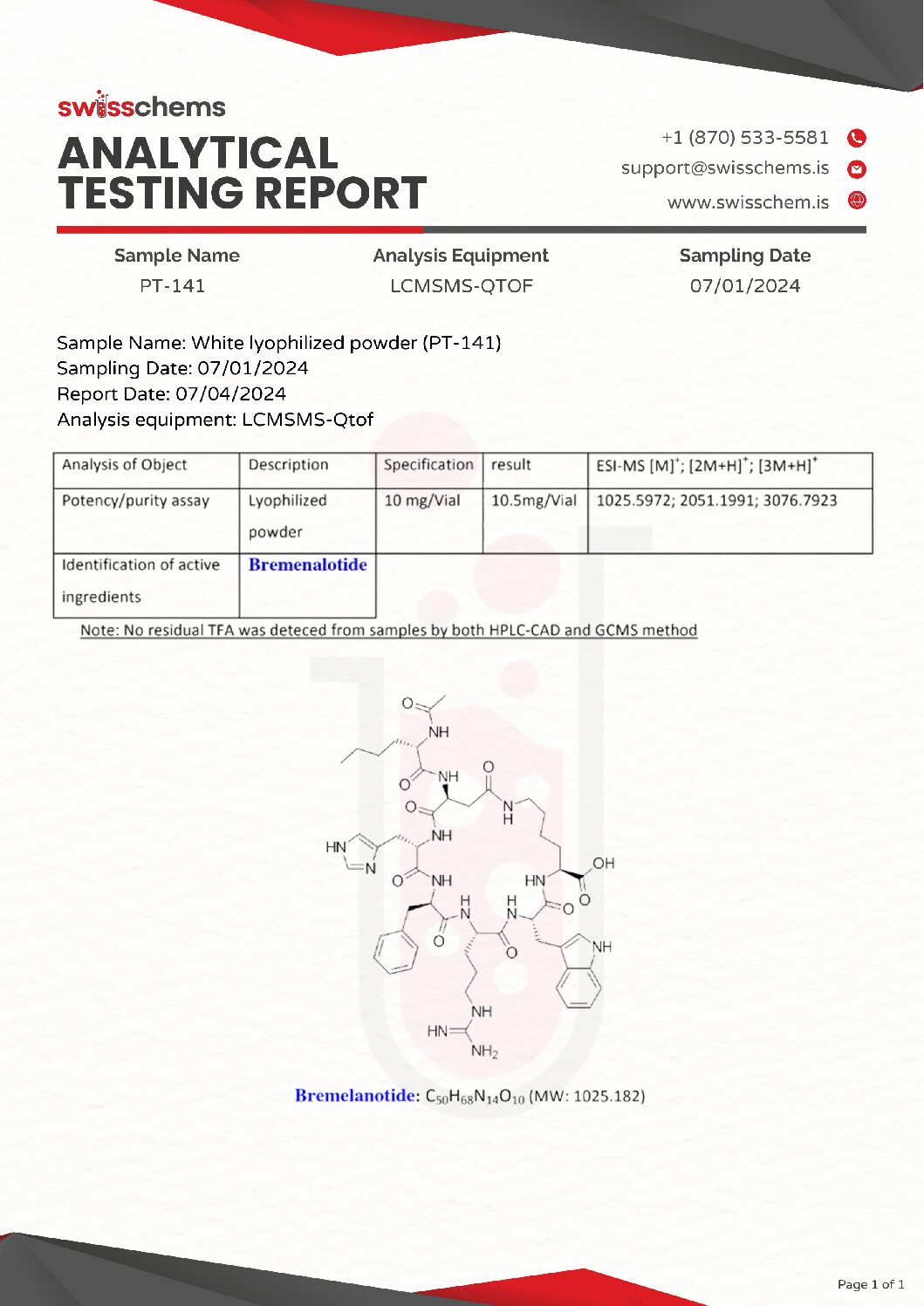 Swiss Chems PT-141 (Bremenalotide), 10mg