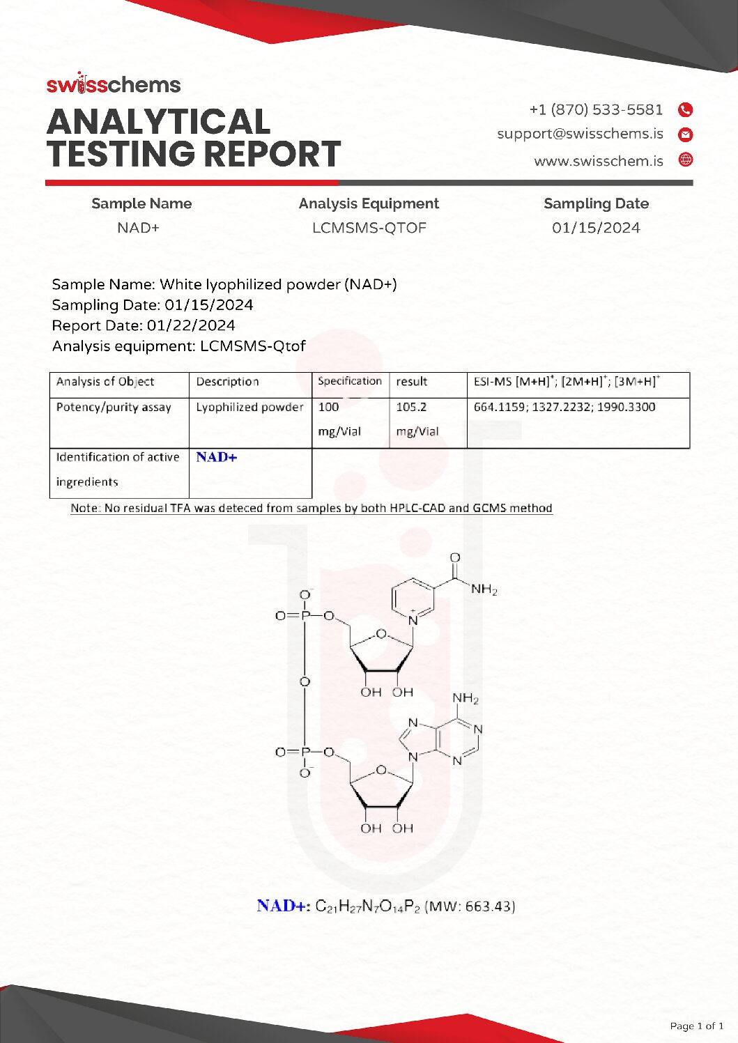 Swiss Chems NAD+ (Nicotinamide Adenine Dinucleotide) 100 mg