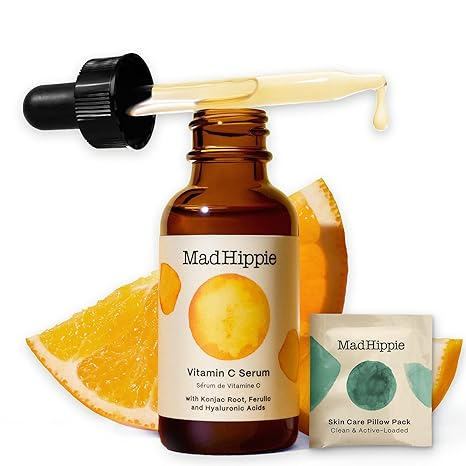 Mad Hippie Vitamin C Face Serum – Skin-Brightening, Hydrating Serum with Hyaluronic Acid, Ferulic Acid & Vitamin E (1.02 Oz) + Skin Care Pillow Pack