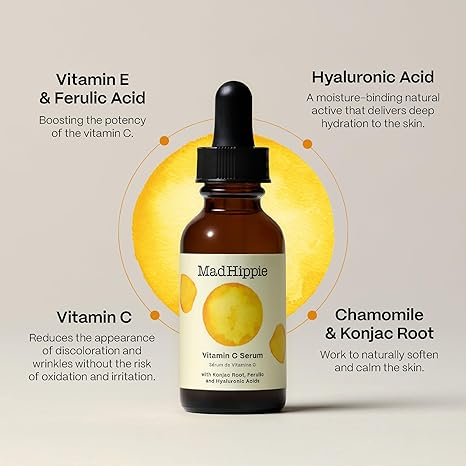 Mad Hippie Vitamin C Face Serum – Skin-Brightening, Hydrating Serum with Hyaluronic Acid, Ferulic Acid & Vitamin E (1.02 Oz) + Skin Care Pillow Pack