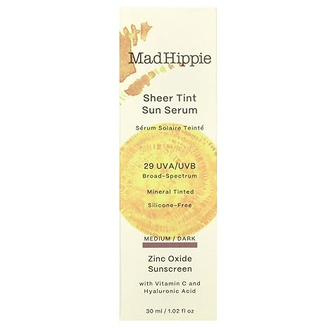 Mad Hippie Sheer Tint Sun Serum (Medium/Dark), Tinted Moisturizer for Face with SPF 29, Vitamin C, Hyaluronic Acid, Tinted Sunscreen for Face in a Recyclable Glass Bottle, Reef Safe, 1.02 Oz