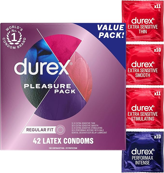 Durex Pleasure Pack Assorted Condoms, Natural Rubber Latex Condoms for Men