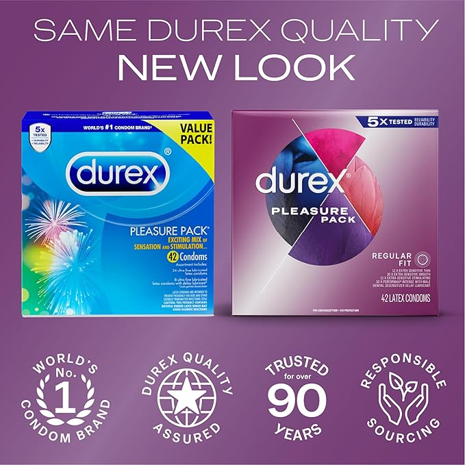 Durex Pleasure Pack Assorted Condoms, Natural Rubber Latex Condoms for Men