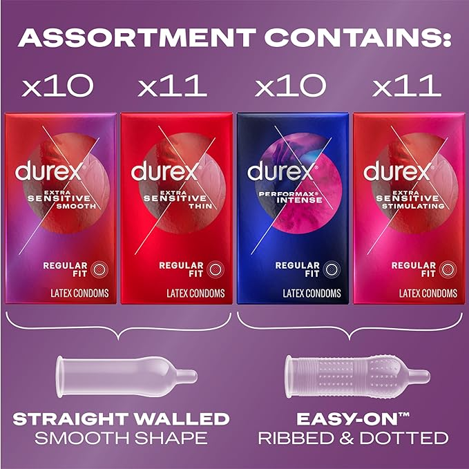 Durex Pleasure Pack Assorted Condoms, Natural Rubber Latex Condoms for Men