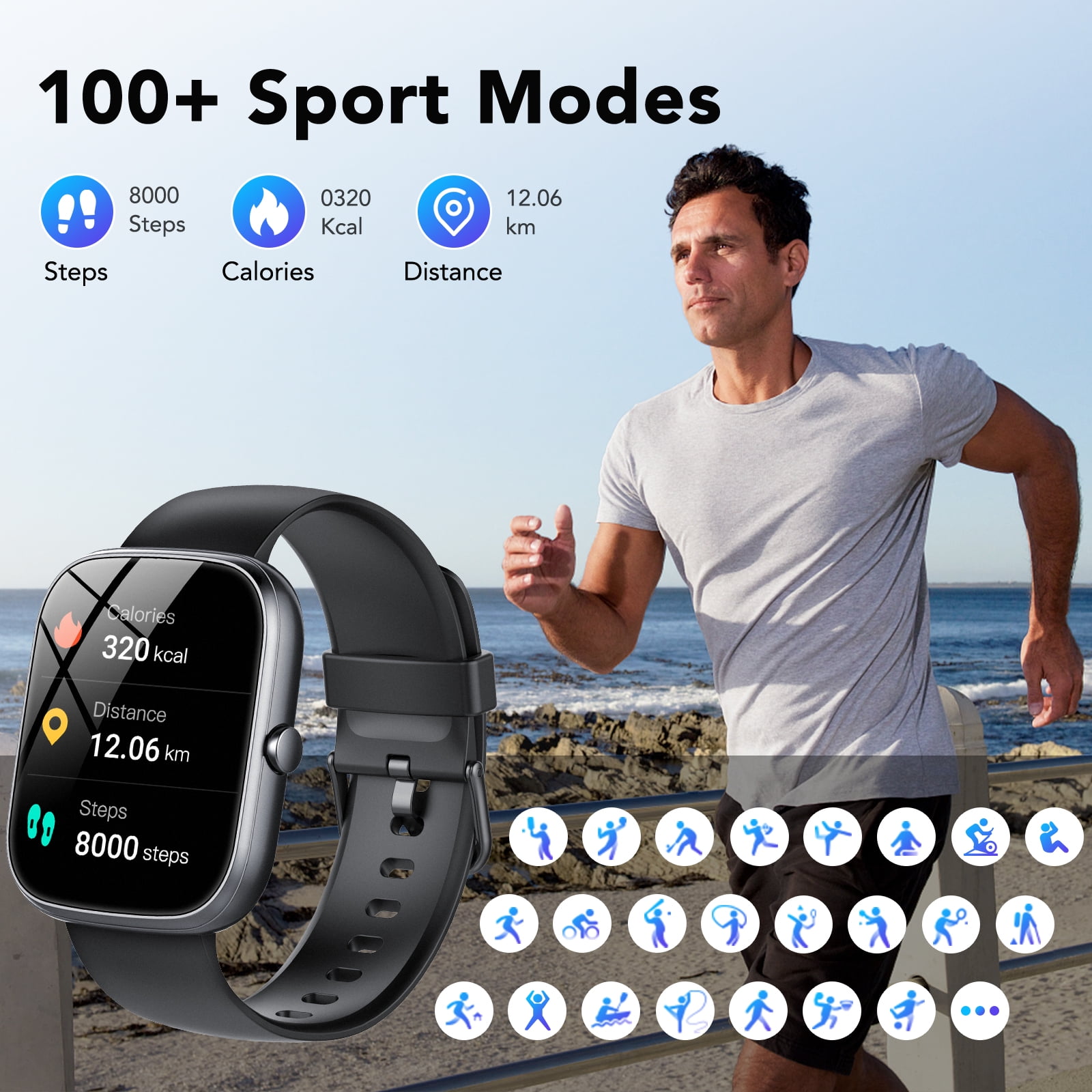 IP68 Waterproof Smart Watch 100+ Sports Modes 1.91-inch Fitness Tracker Bluetooth Call for Android iPhone Women Men Gift Black