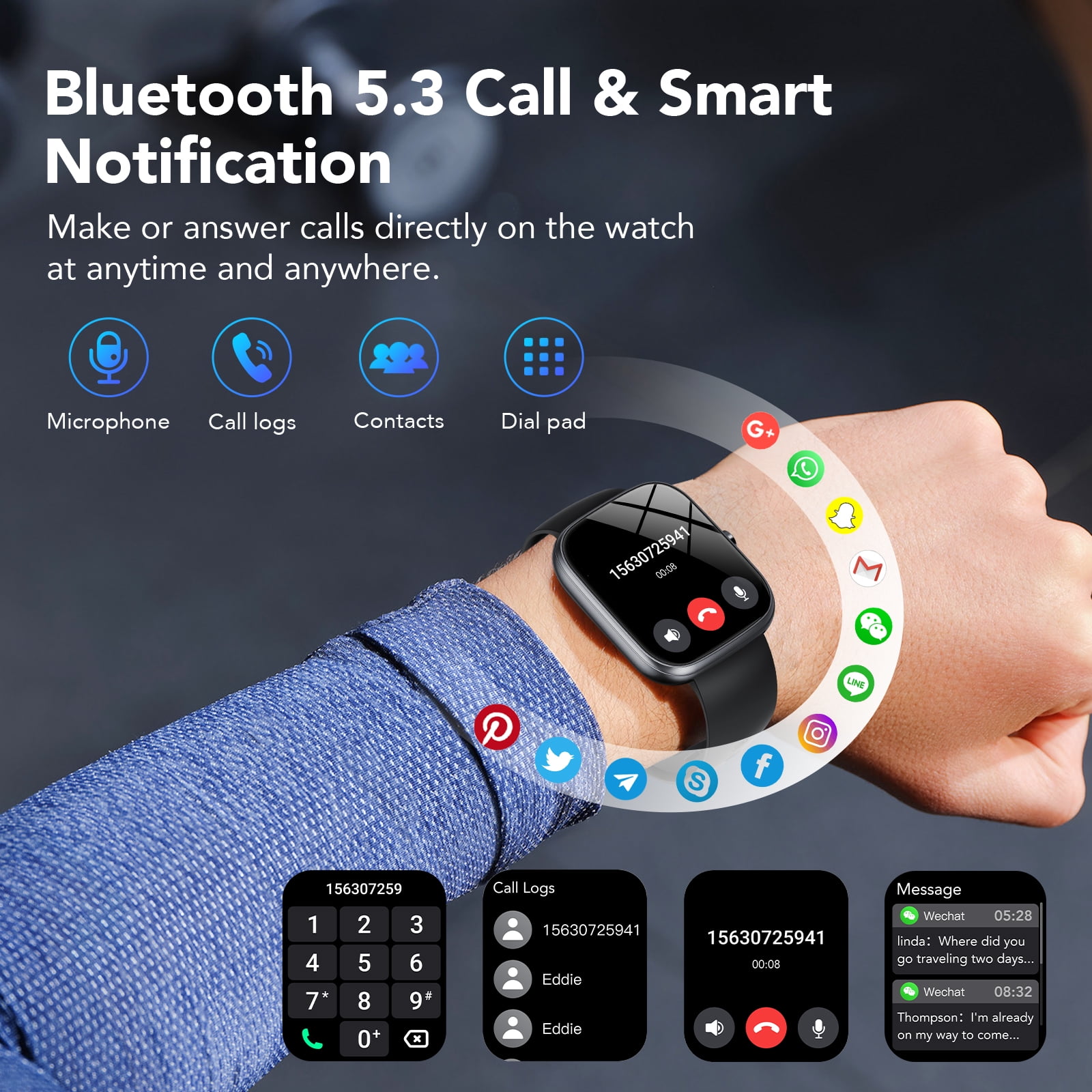 IP68 Waterproof Smart Watch 100+ Sports Modes 1.91-inch Fitness Tracker Bluetooth Call for Android iPhone Women Men Gift Black