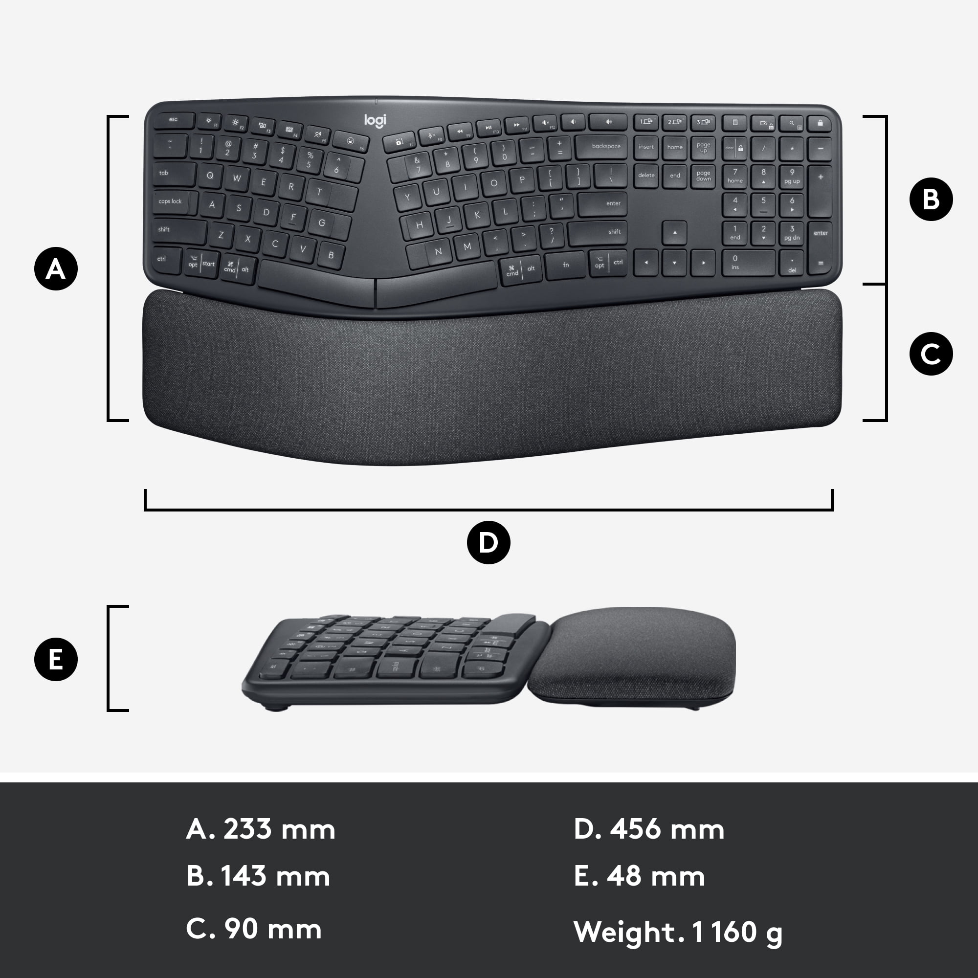 Logitech ERGO K860 Wireless Ergonomic Keyboard Split Wrist Rest Bluetooth Black