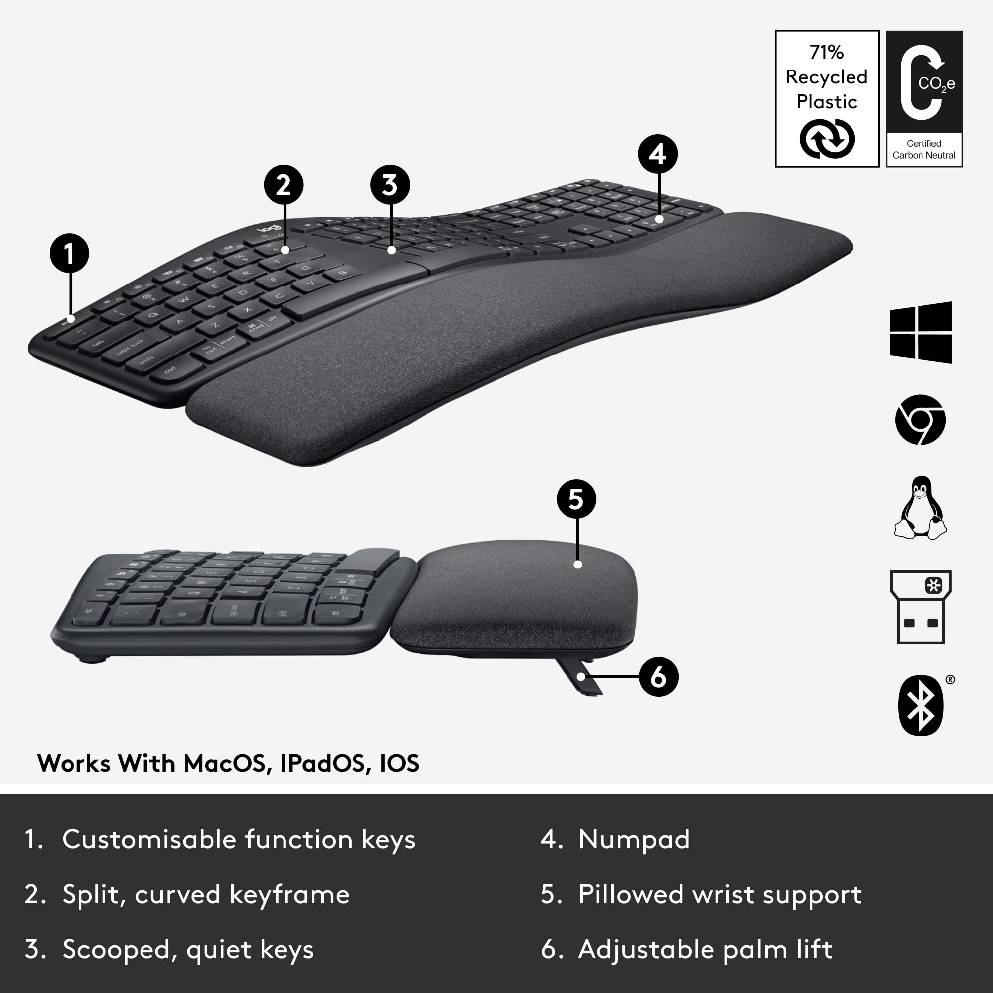 Logitech ERGO K860 Wireless Ergonomic Keyboard Split Wrist Rest Bluetooth Black