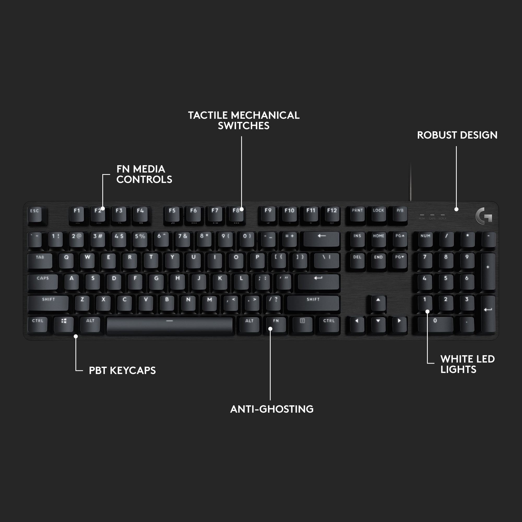 Logitech G413 SE Gaming Keyboard with PBT Keycaps and Mechanical Switches - White Backlit LED - 6-Key Rollover Anti-Ghosting