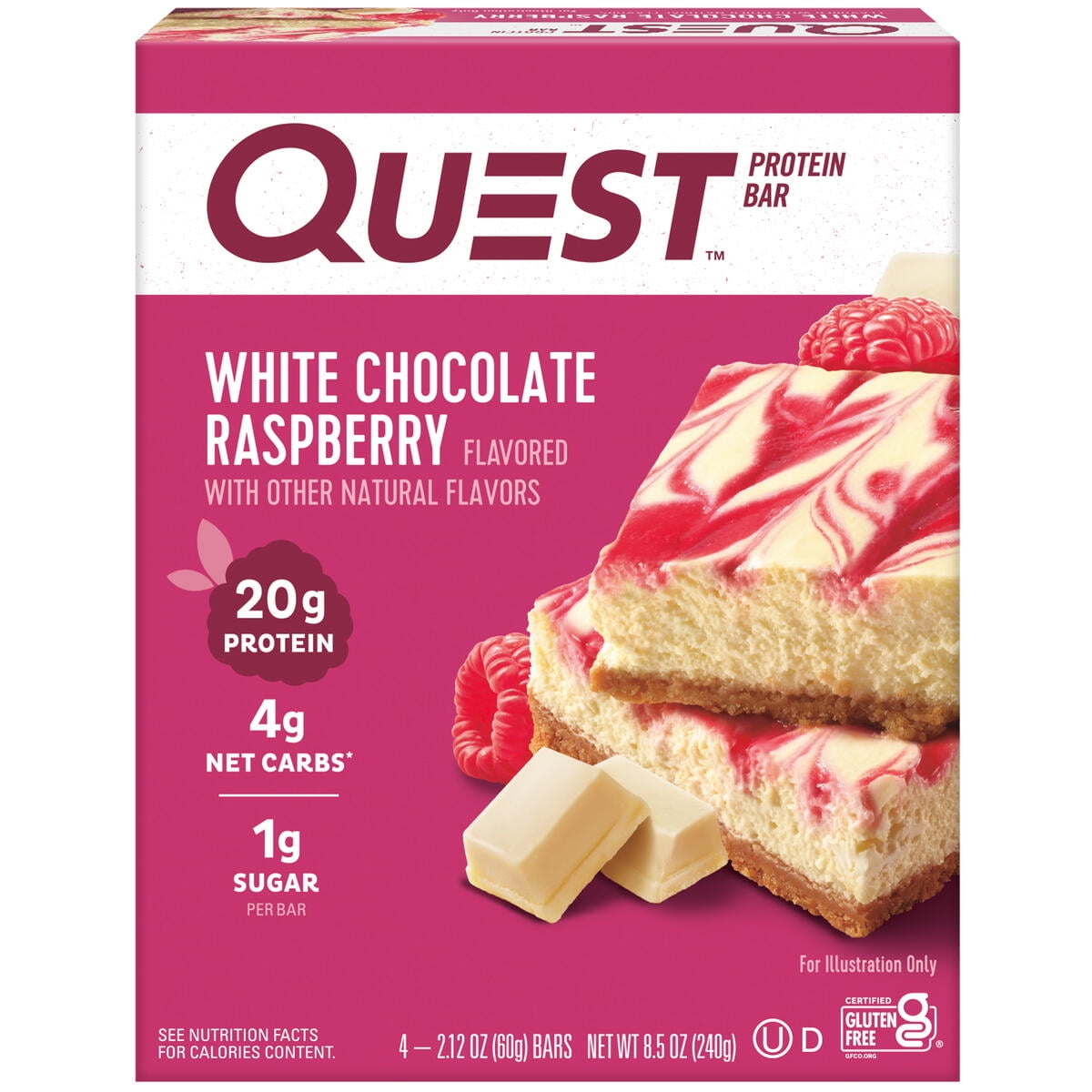 Quest White Chocolate Raspberry Protein Bar 20g Protein Gluten Free 4 Ct